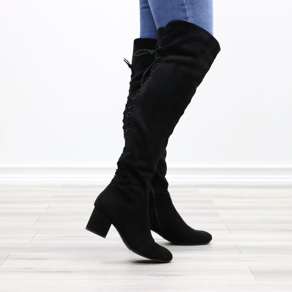 Over The Knee Block Heel Boots With Lace Up Back - Picture 13 of 16